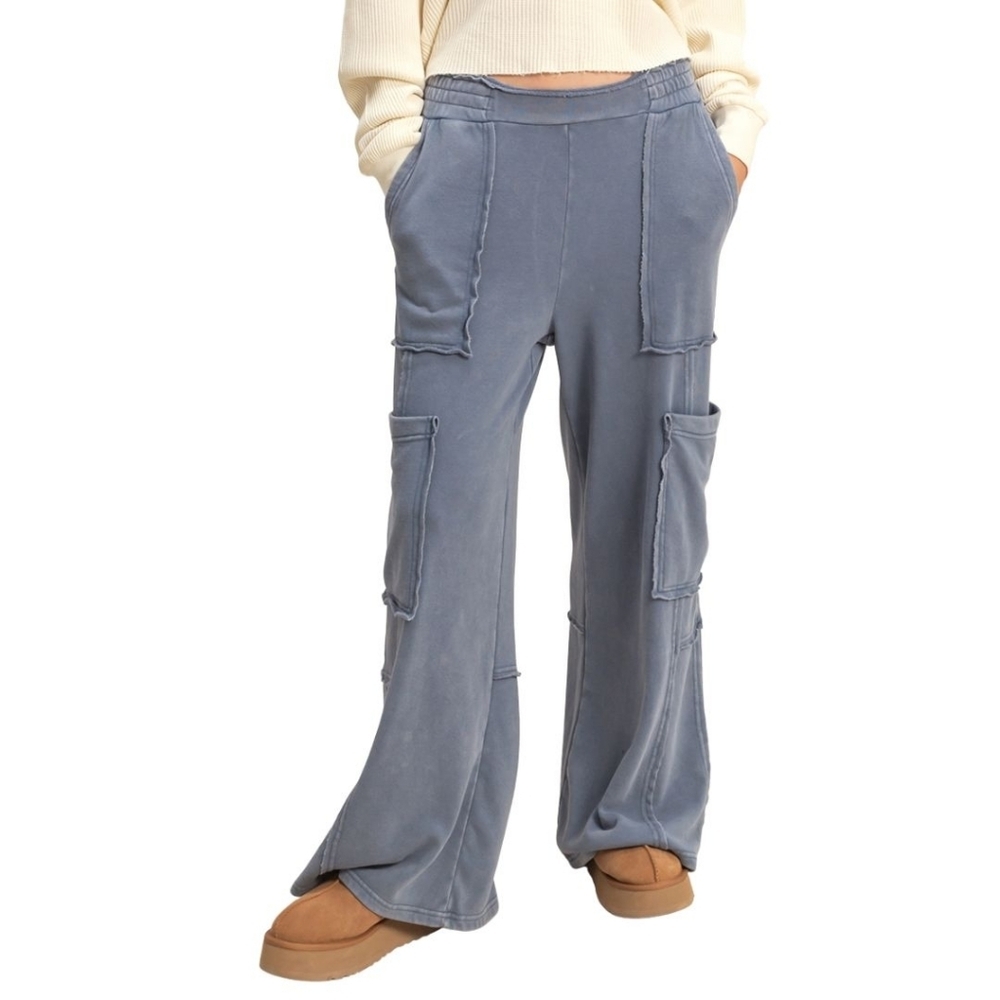 CloudDweller Slate Mineral Washed Cotton Cozy Butter Soft Wide Leg Cargo - Picture 2 of 6
